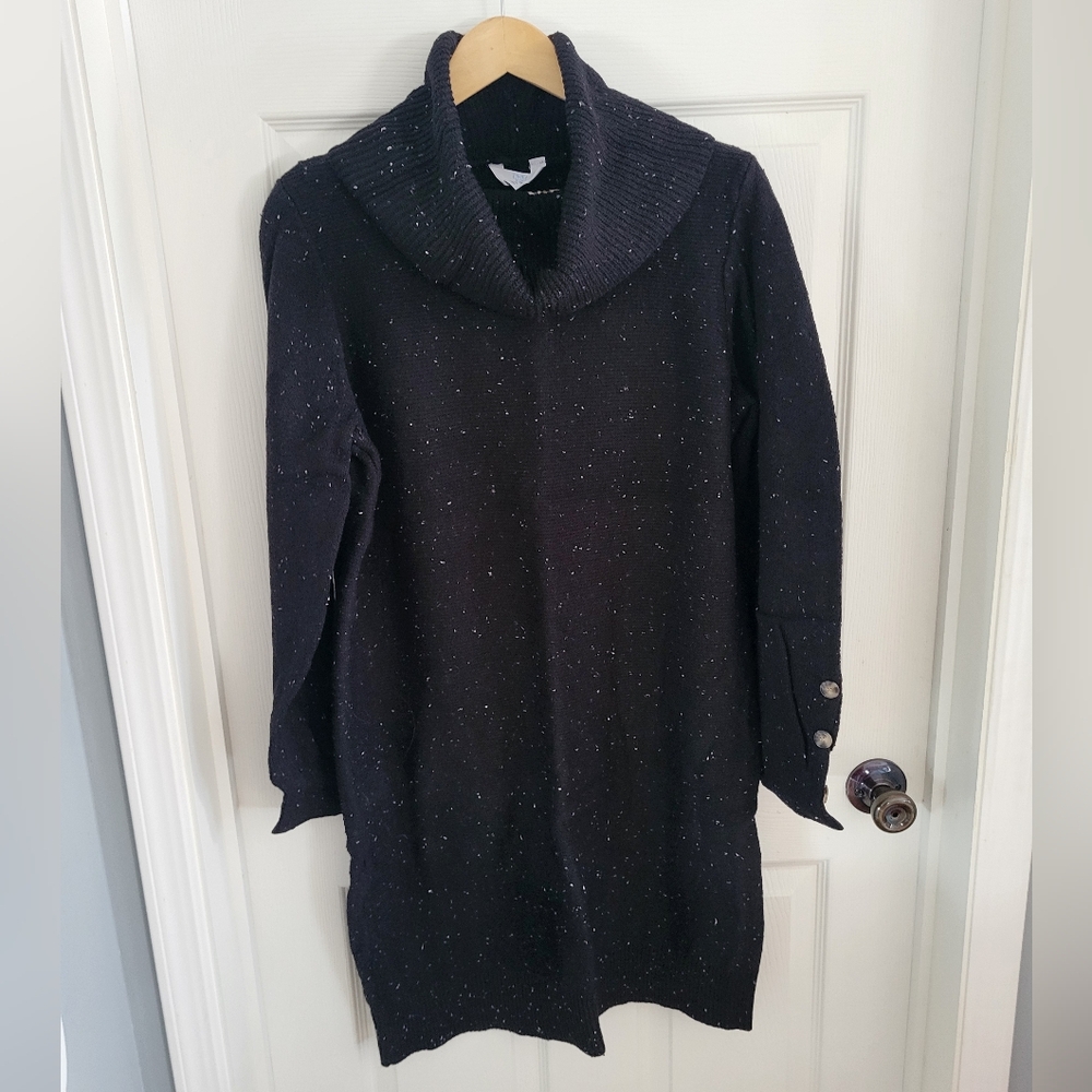 Time and Tru Women's Black Sweater Dress with Button Details & a Cowl Neck